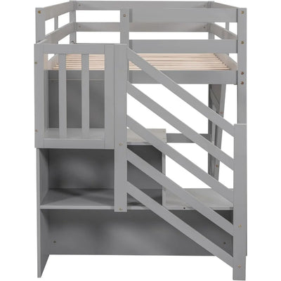 Low Loft Bed with Stairs, Twin Bed Frame for Kids with Storage, Gray