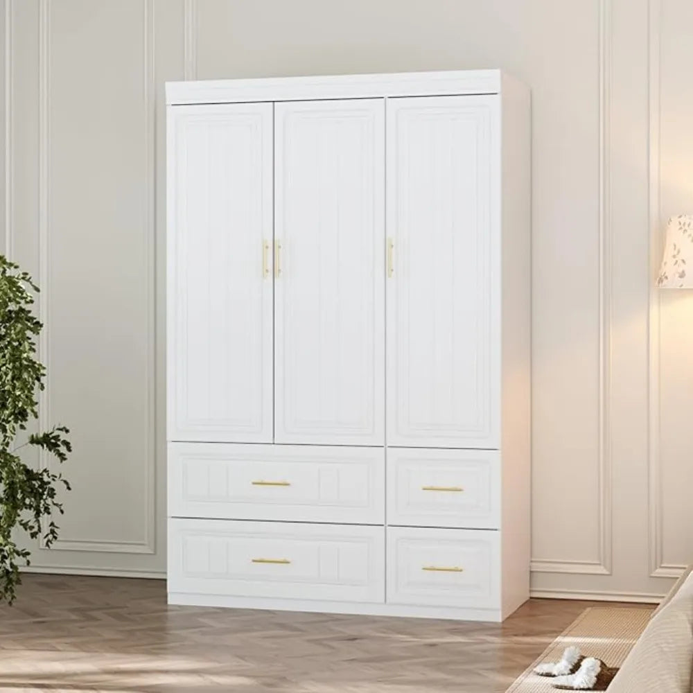 3 Door Wardrobe Armoire Closet, Bedroom Armoire with 4 Drawers & Shelves, Clothes Wardrobe with Hanging Rod & Gold Handles