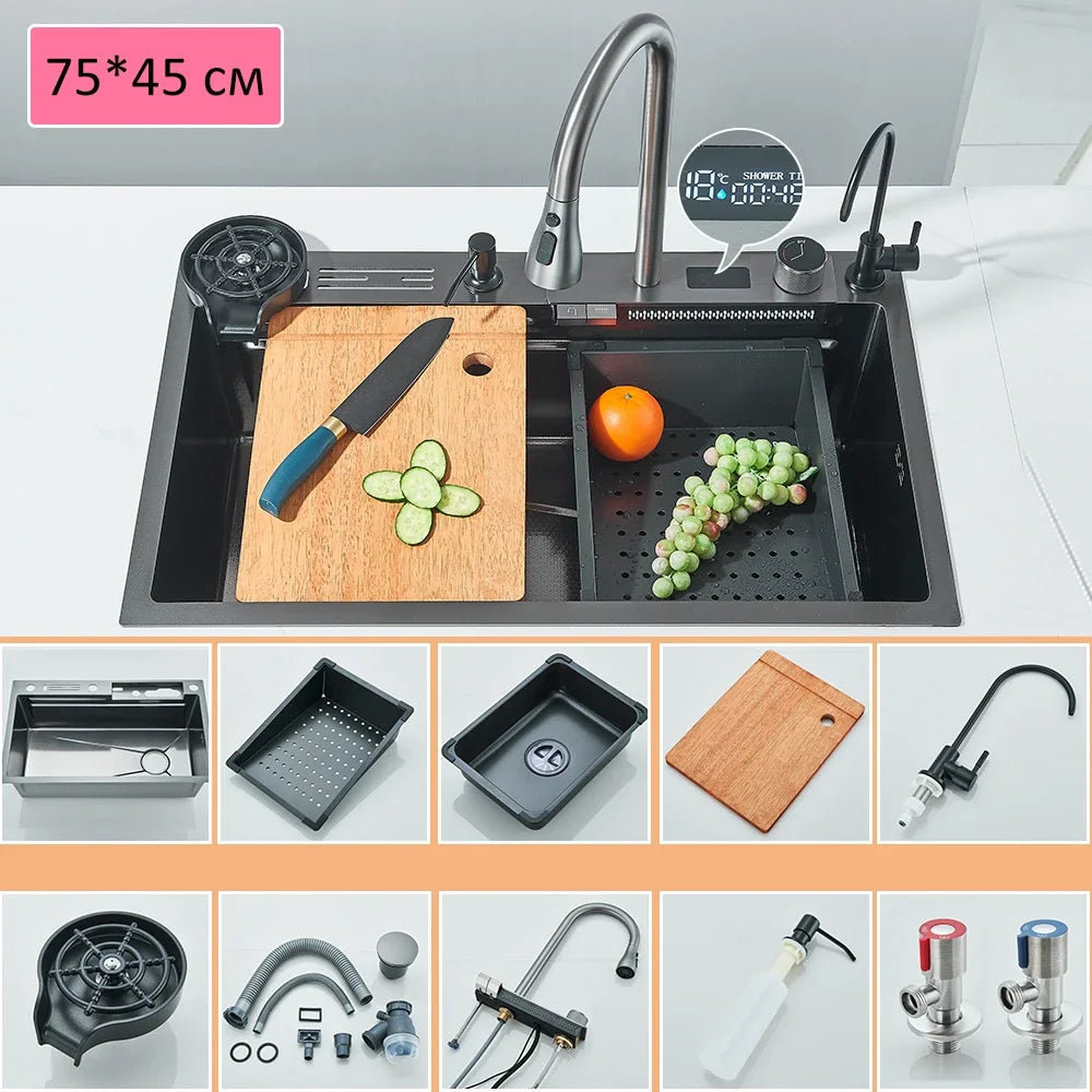 Nano Kitchen Sink 201 Stainless Steel Kitchen Waterfall Sink Digital Display Large Single Sink Dish Basin  With Faucet