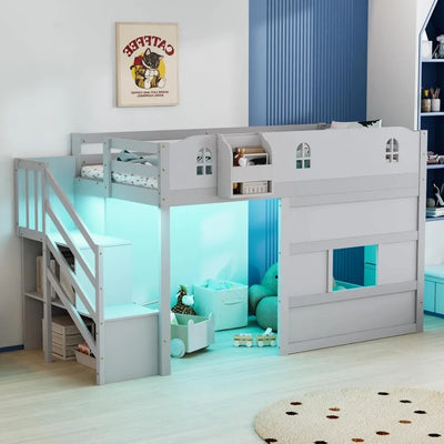 Low Loft Bed with Led Light, Loft Bed Twin Size with Castle Guardrail and Window, Book Rack, Smart APP Control, Twin loft Bed