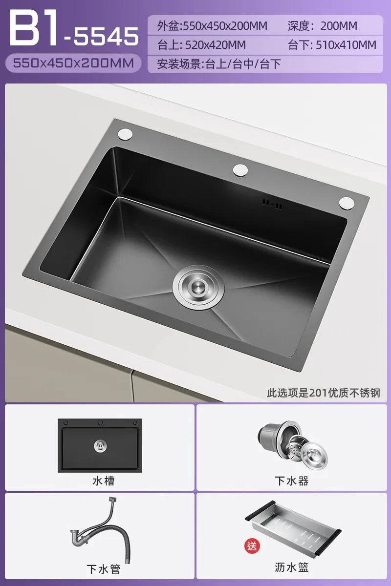 Stainless steel black sink, large single sink, hand-thickened kitchen under-counter basin, vegetable basin, dishwasher