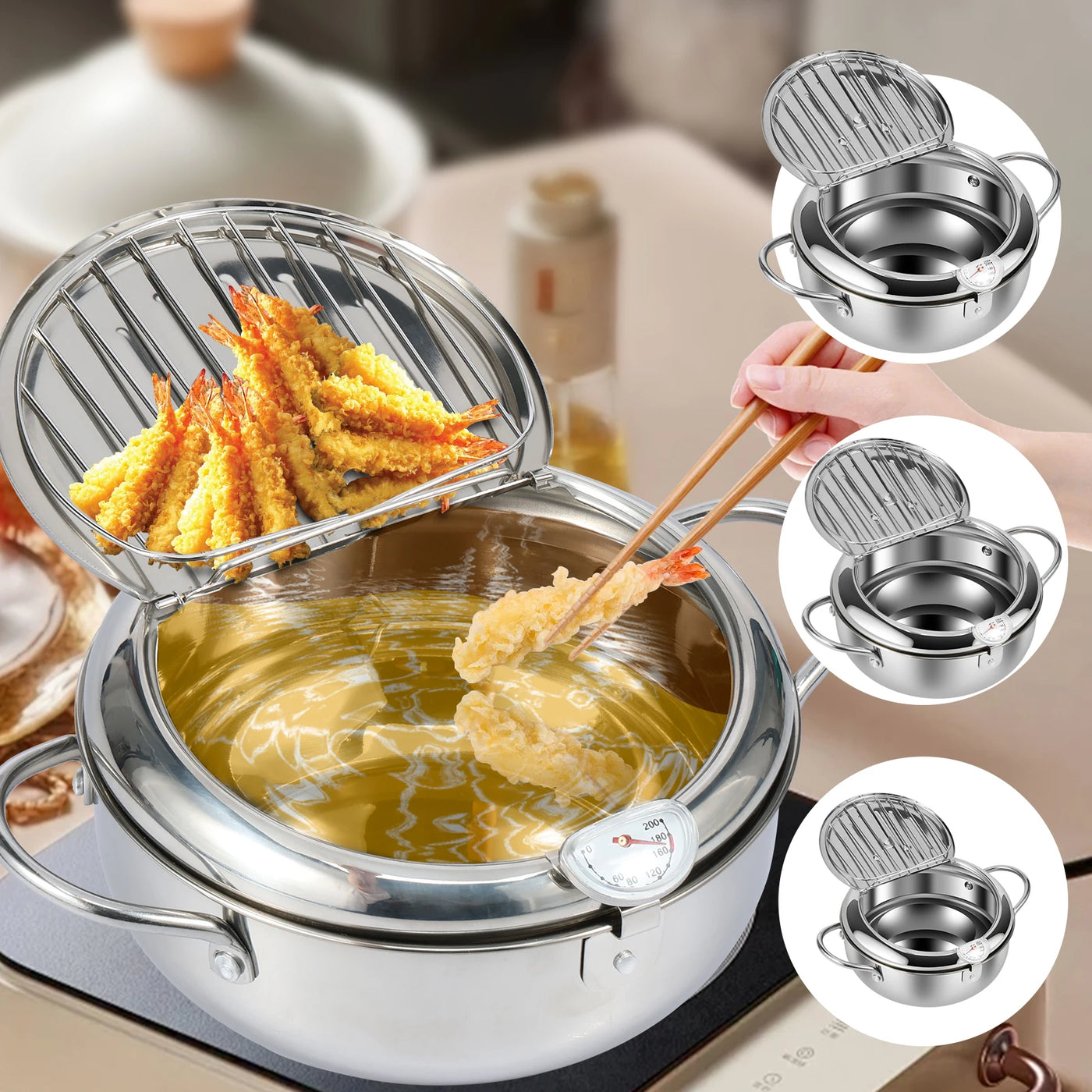 Deep Fryer Pot Stainless Steel Deep Frying Pot 3 Sizes Oil Deep Frying Oil Container With Strainer Basket And Thermometer