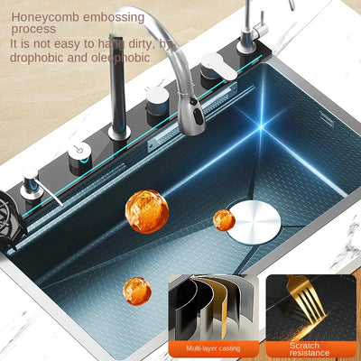 Stainless Steel Waterfall Kitchen Sink Embossed Extra Large Single Slot Intelligent Digital Display Dishwashing sink