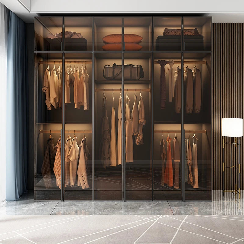 Cloakroom Furniture Clothes Storage Walk in Closet Wardrobe Black Wardrobes Cabinet Closet With Glass Door LED Lights