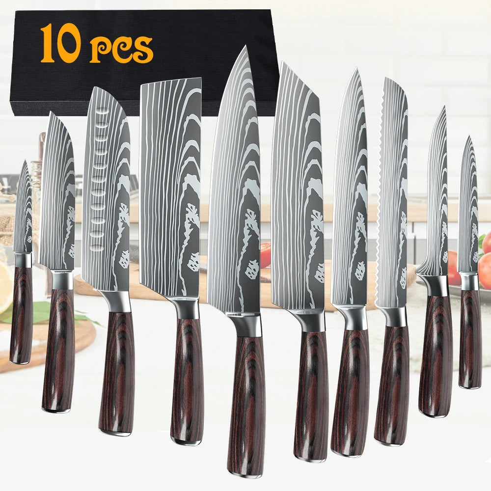 3-10PCS Kitchen Knife Set Professional Chef Knife 7CR17 Germany Stainless Steel Damascus Laser Meat Cleaver Slicing Santoku