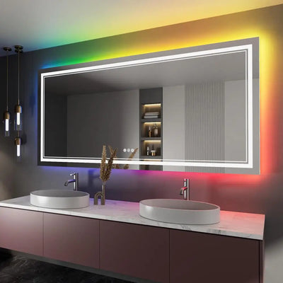 84x40 Inch RGB Backlit LED Bathroom Mirror Front & RGB Lighting Stepless Dimming Anti-Fog Tempered Glass Easy Installation