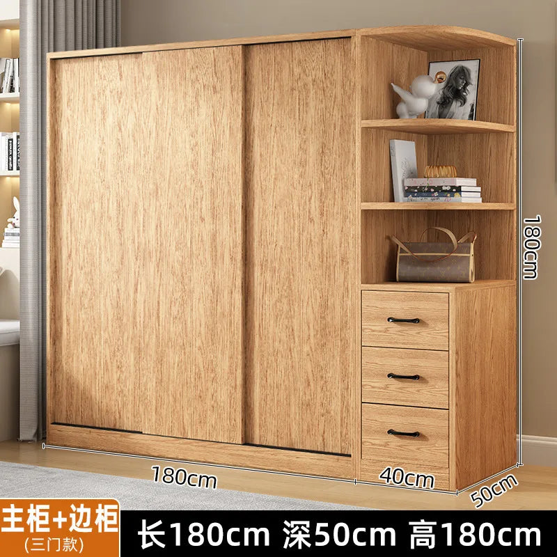 AOLIVIYA Wardrobe Household Bedroom Sliding Door Solid Wood Wardrobe Log Small Apartment Sliding Door Storage Cabinet Rental