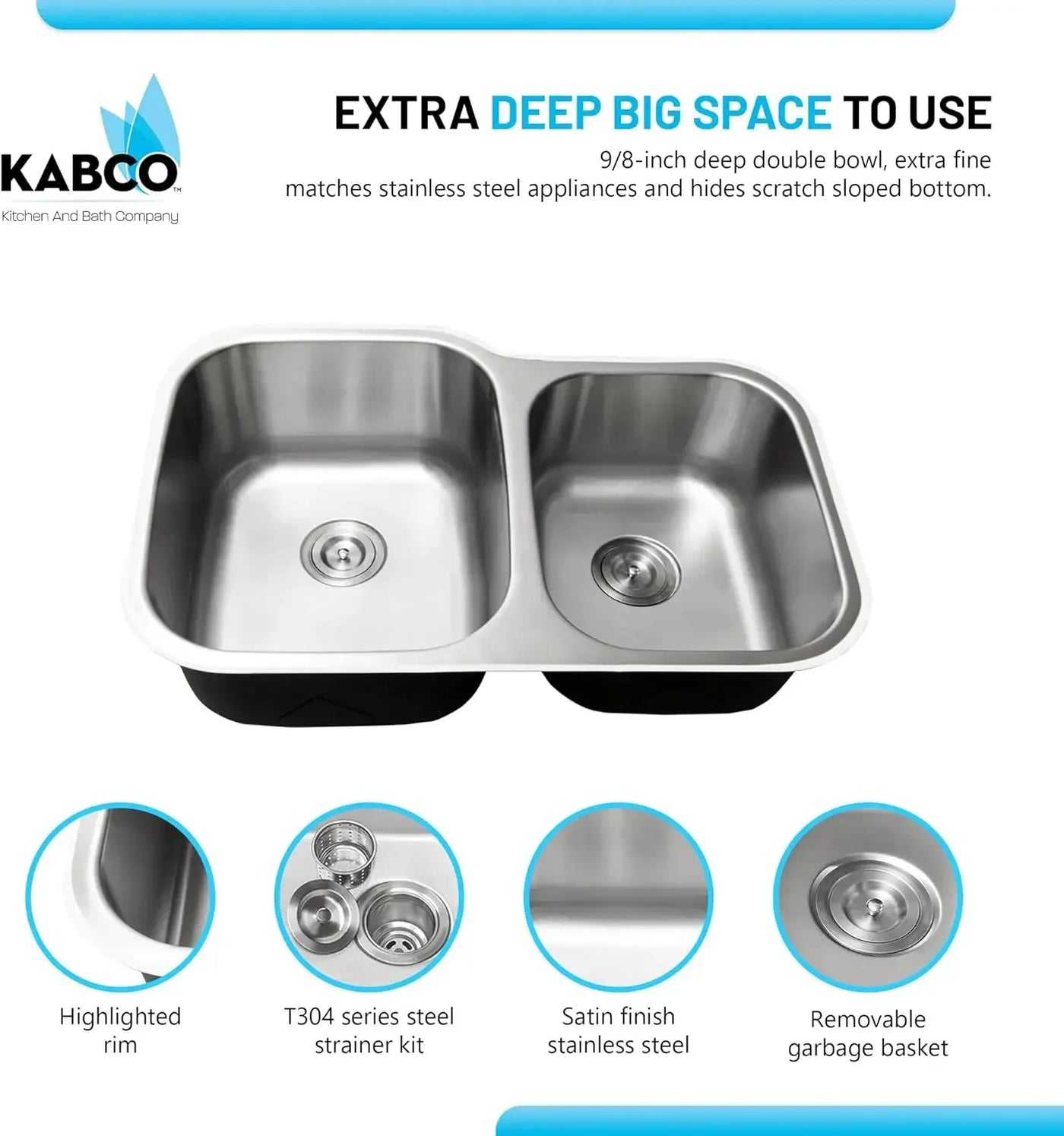 KBFmore 32 Inch Double Equal Bowl Classic Stainless Steel Kitchen Sink with Stainers, Kitchen Organization with Extra Thick 18 G