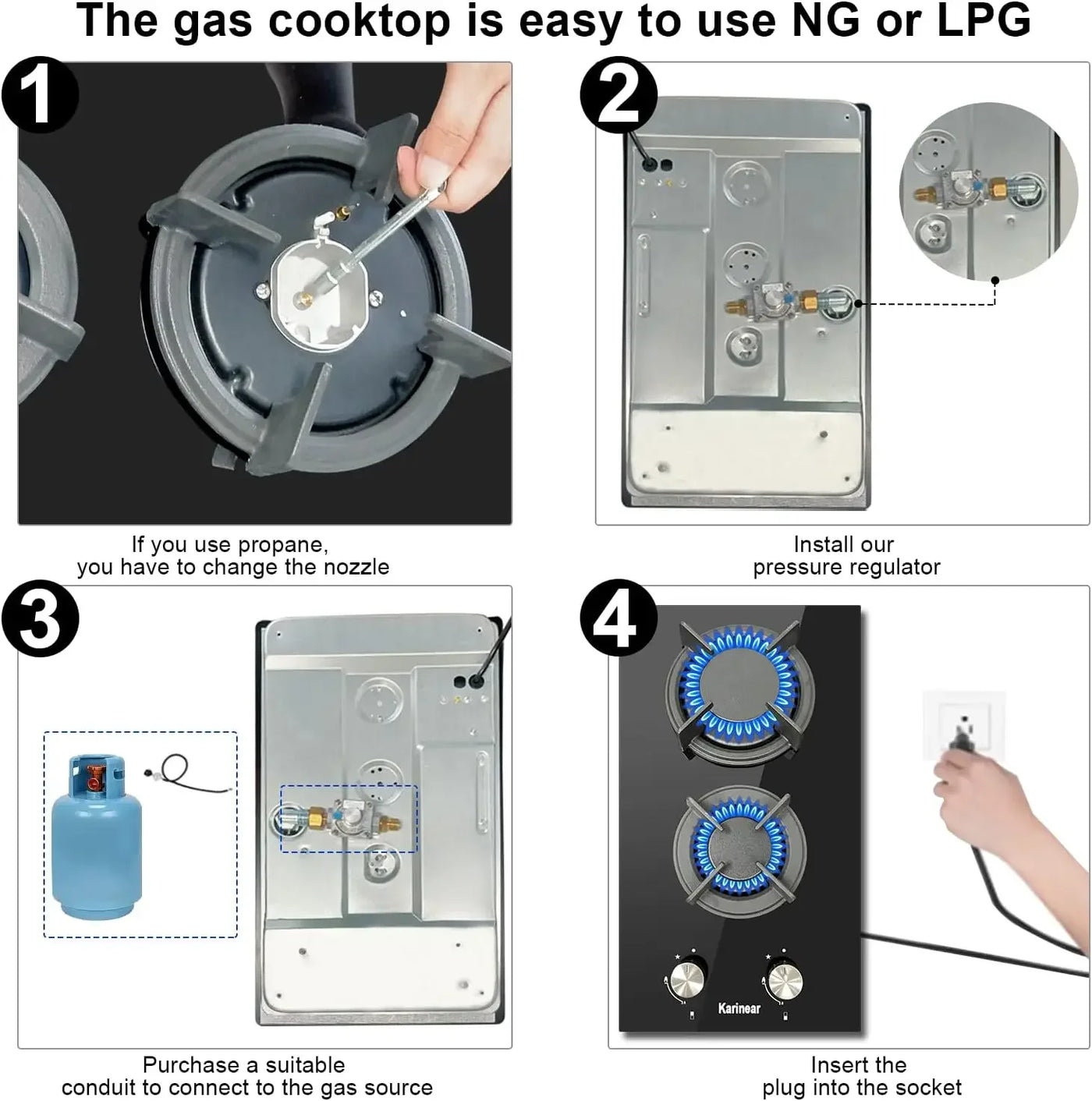 Gas Cooktop 2 Burner Propane Cooktop, 12 Inch LPG/NG Dual Fuel Gas Stove Top, Built-in Tempered Glass Gas Cooktop for Apartment,