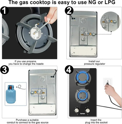 Gas Cooktop 2 Burner Propane Cooktop, 12 Inch LPG/NG Dual Fuel Gas Stove Top, Built-in Tempered Glass Gas Cooktop for Apartment,