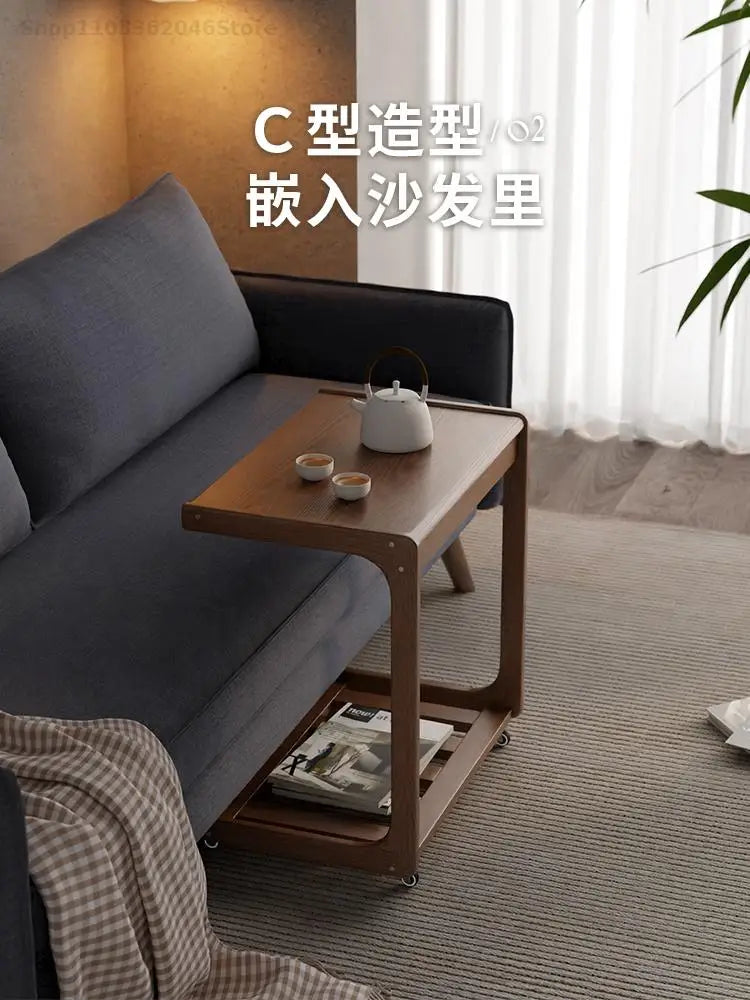 Solid Wood Sofa Side Table Cabinet Movable Table With Wheels Mini Coffee Table Living Room Small Apartment C- Shaped Small Tea