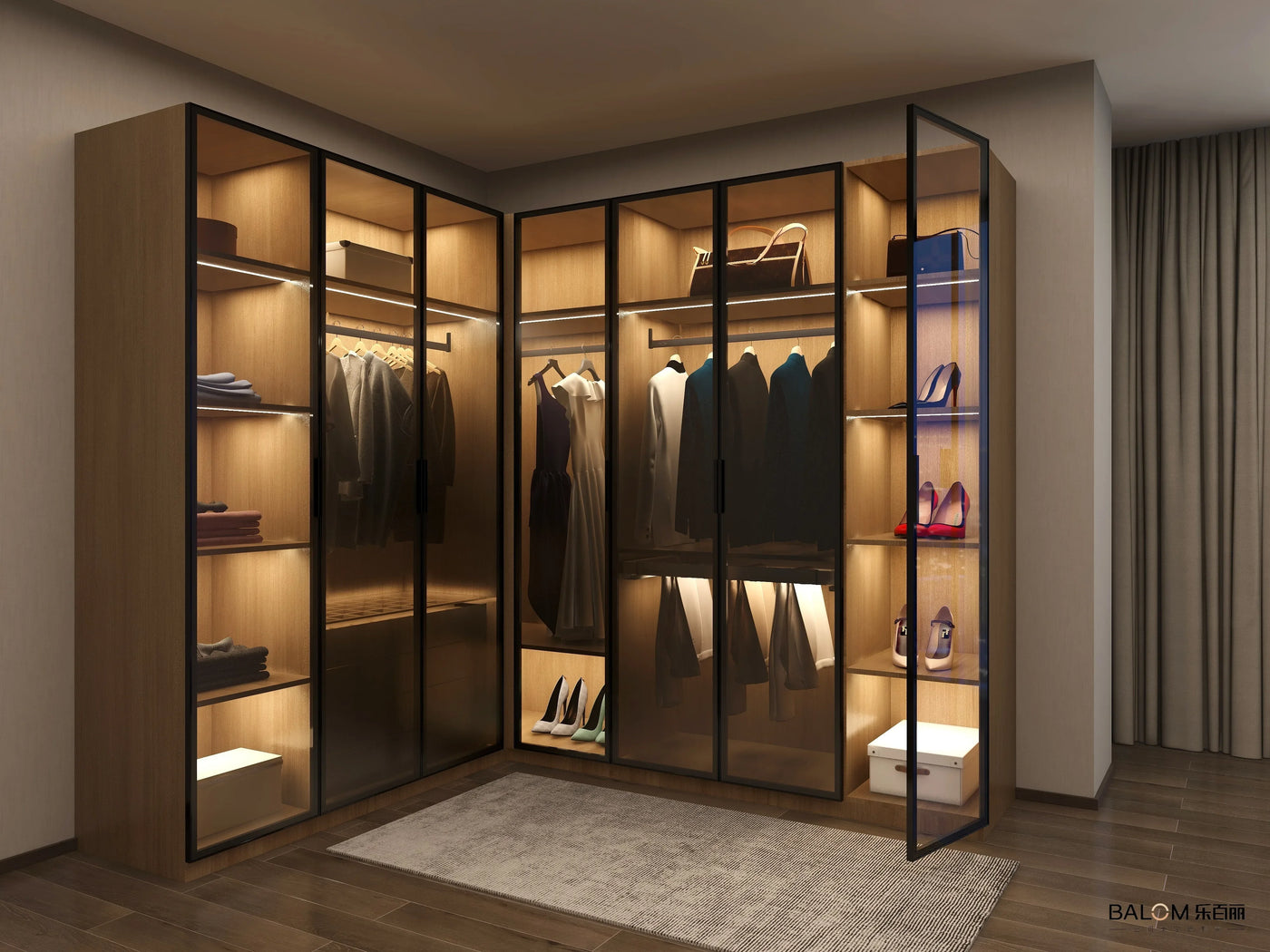 Bedroom Walk In closet Shape Wooden Wardrobe For Open Cloakroom With LED Light