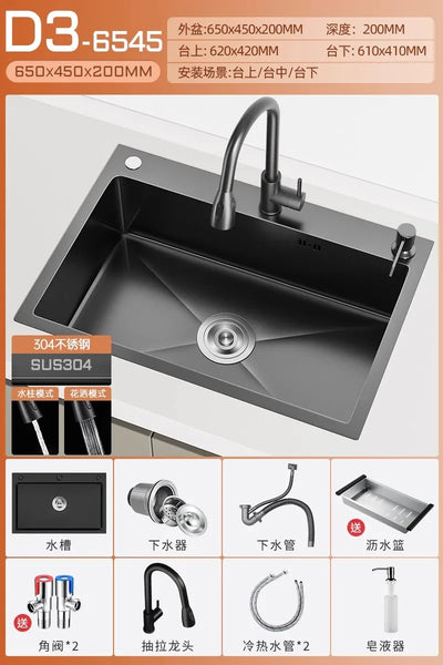 Stainless steel black sink, large single sink, hand-thickened kitchen under-counter basin, vegetable basin, dishwasher