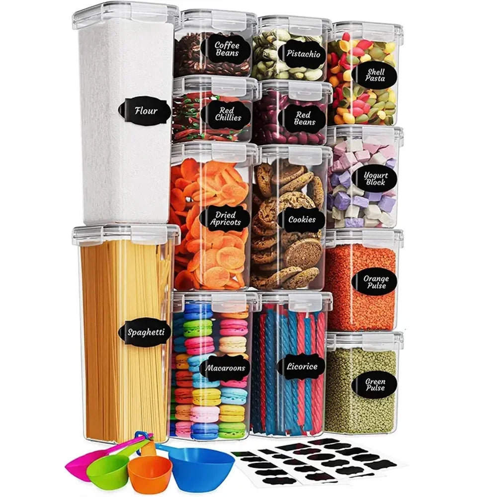 Kitchen Food Storage Airtight 14pcs-set Containers, Cereal Candy Storage Jars with spoon and 24pcs-stickers and marker