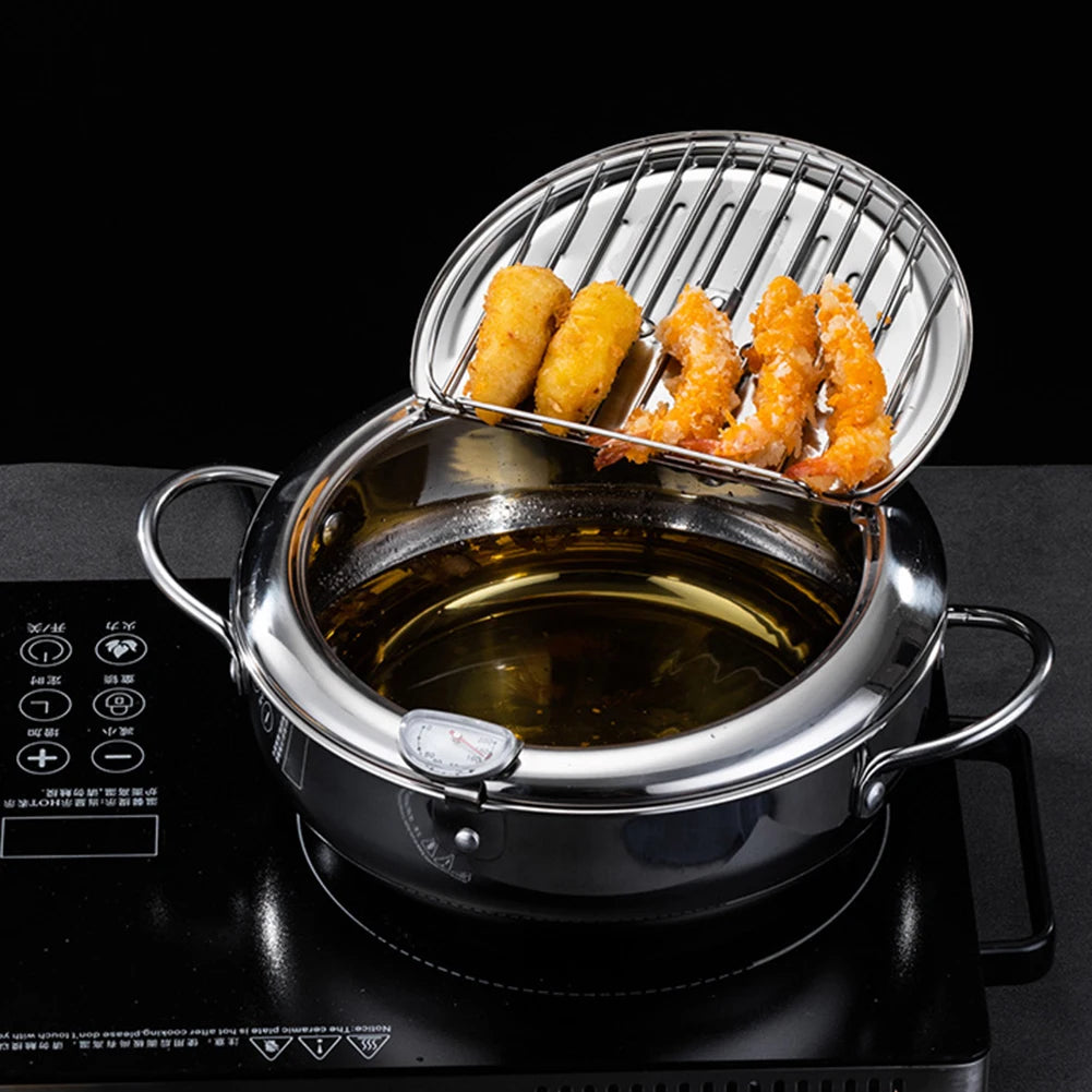 Japanese Style Deep Frying Pot with Thermometer Lid Oil Drip Drainer Rack 304 Stainless Steel Oil Fryer for Chips Fish Chicken