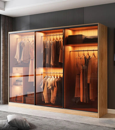 Sliding Door Wardrobe, Household Small Unit cCabinet, Light Luxury Glass Door, Overall Sliding Door Wardrobe