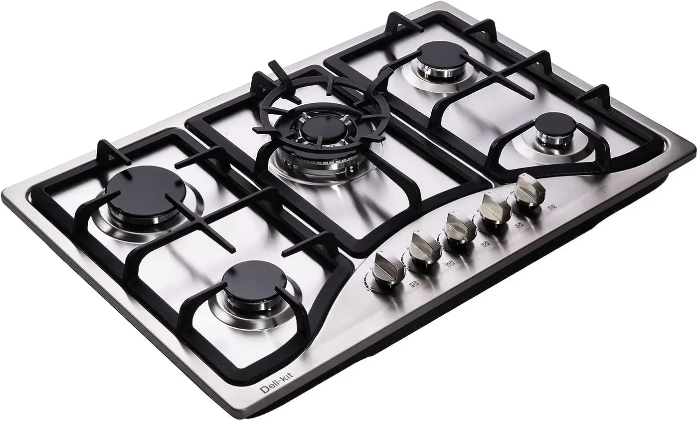 30 Inch LPG/NG Gas Cooktop Dual Fuel 5 Sealed Brass Burner Stainless Steel Hob 110V AC pulse Ignition Stainless Steel