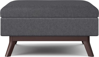 SIMPLIHOME Owen 34 Inch Wide Mid Century Modern Rectangle Coffee Table Storage Ottoman in Slate Grey Linen Look Fabric