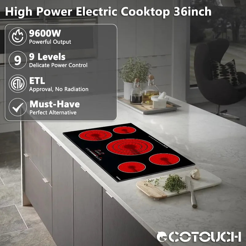 Electric Cooktop 36 Inch, ECOTOUCH Built-in Electric Cooktop 5 Burner Stove Top, 36" Radiant Electric Cooktop Stovetop