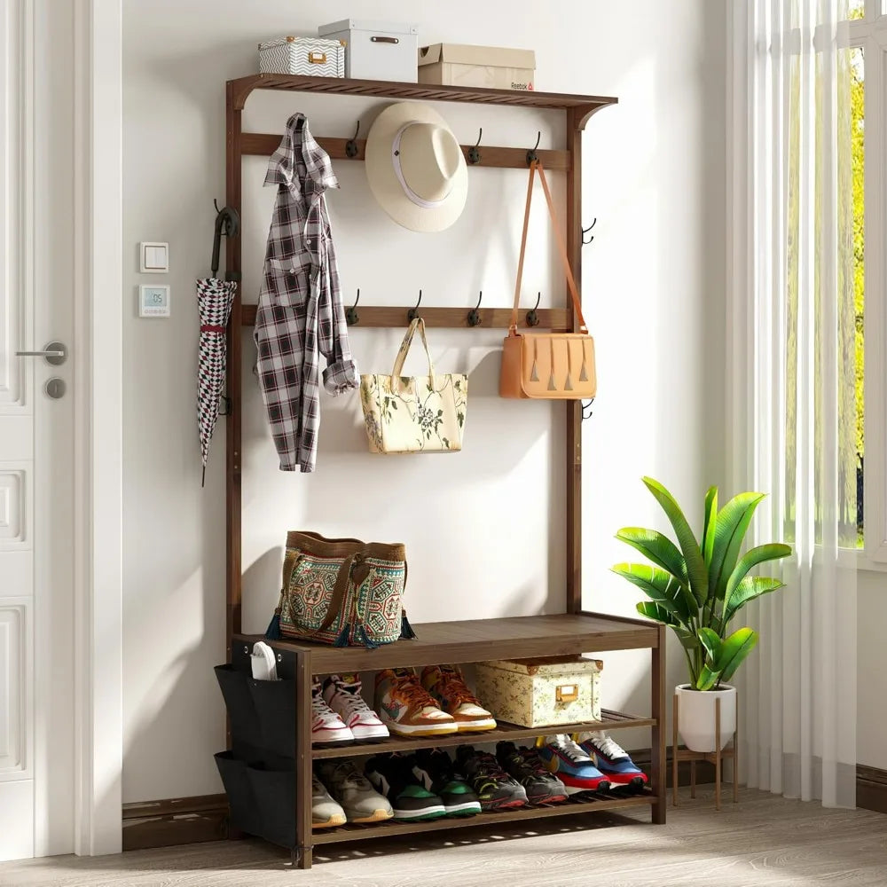 Hall Tree with shoe bench Entryway Bench with Coat Rack 6-in-1 Coat Rack Shoe  with Cloth Bag Storage  with 14 Coat Hooks,