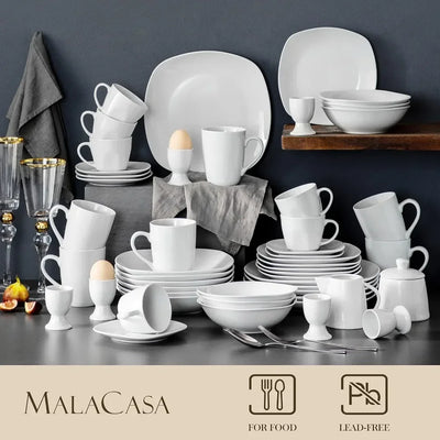 100-Piece Grey White Dish Set for 12, Square Dinner Set with Plates and Bowls,Cups and Saucers, Egg Cups, Sugar Pot and Milk Jar