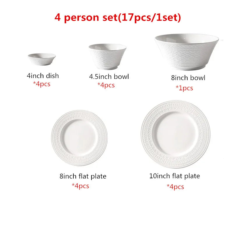 Luxury White Nordic Relief Sculpture Ceramic Tableware Ceramics Dishes Salad Soup Bowl Flat Plates Serving Tray Dinnerware Set