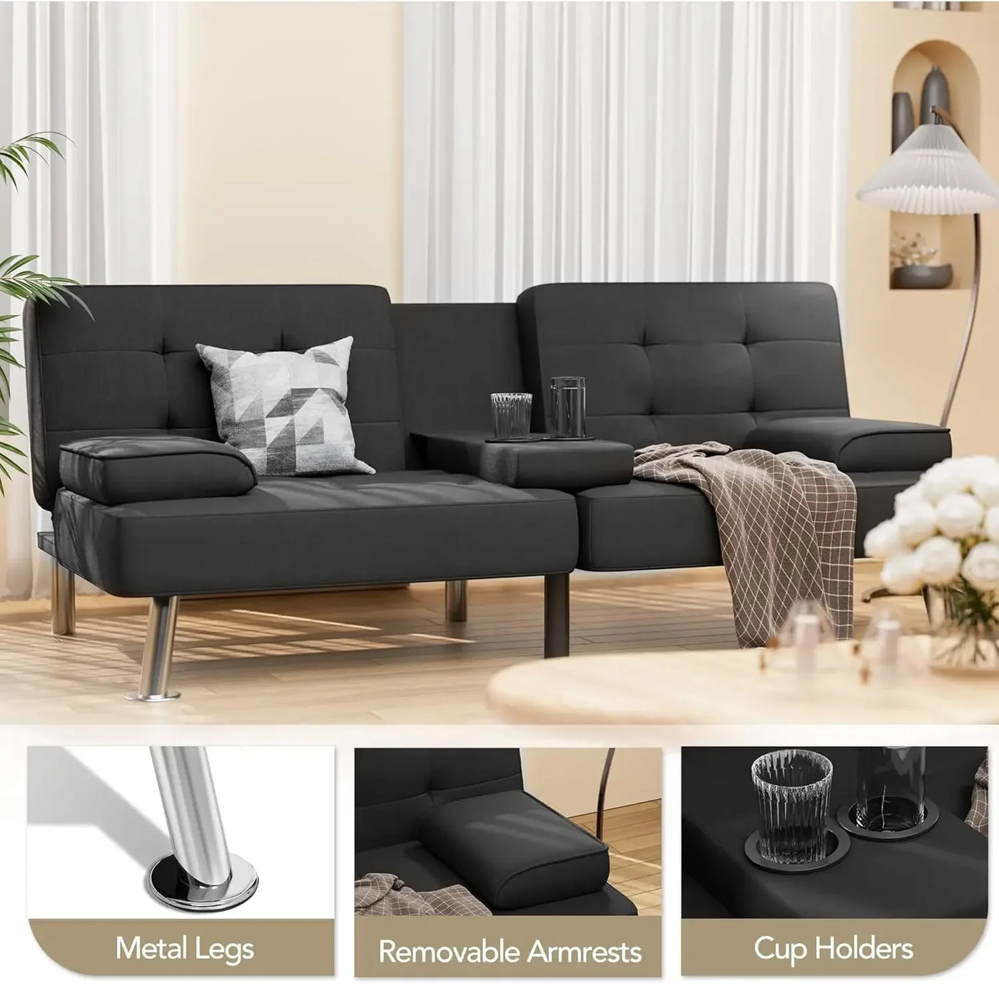 Modern Linen Upholstered Convertible Folding Futon Sofa Bed with Removable Armrests, Metal Legs, 2 Cup Holders for Living Room,