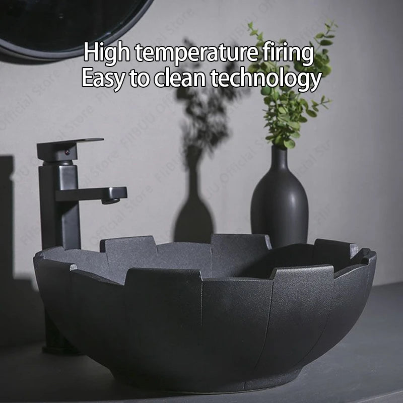 Black Ceramic Vessel Sink Lavatory Vanity Table Sink Above Counter Bathroom Art Basin Bowl Balcony Round Pedestal Washing Basin