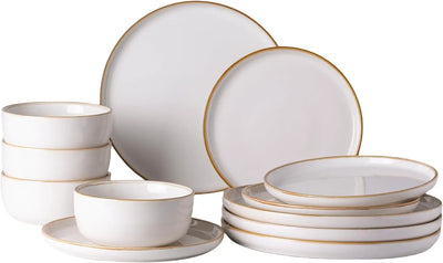 Ceramic Dinnerware Sets for 4, 12 Pieces Stoneware Plates and Bowls Sets, Reactive Glaze Dishes