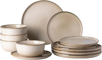 Ceramic Dinnerware Sets for 4, 12 Pieces Stoneware Plates and Bowls Sets, Reactive Glaze Dishes