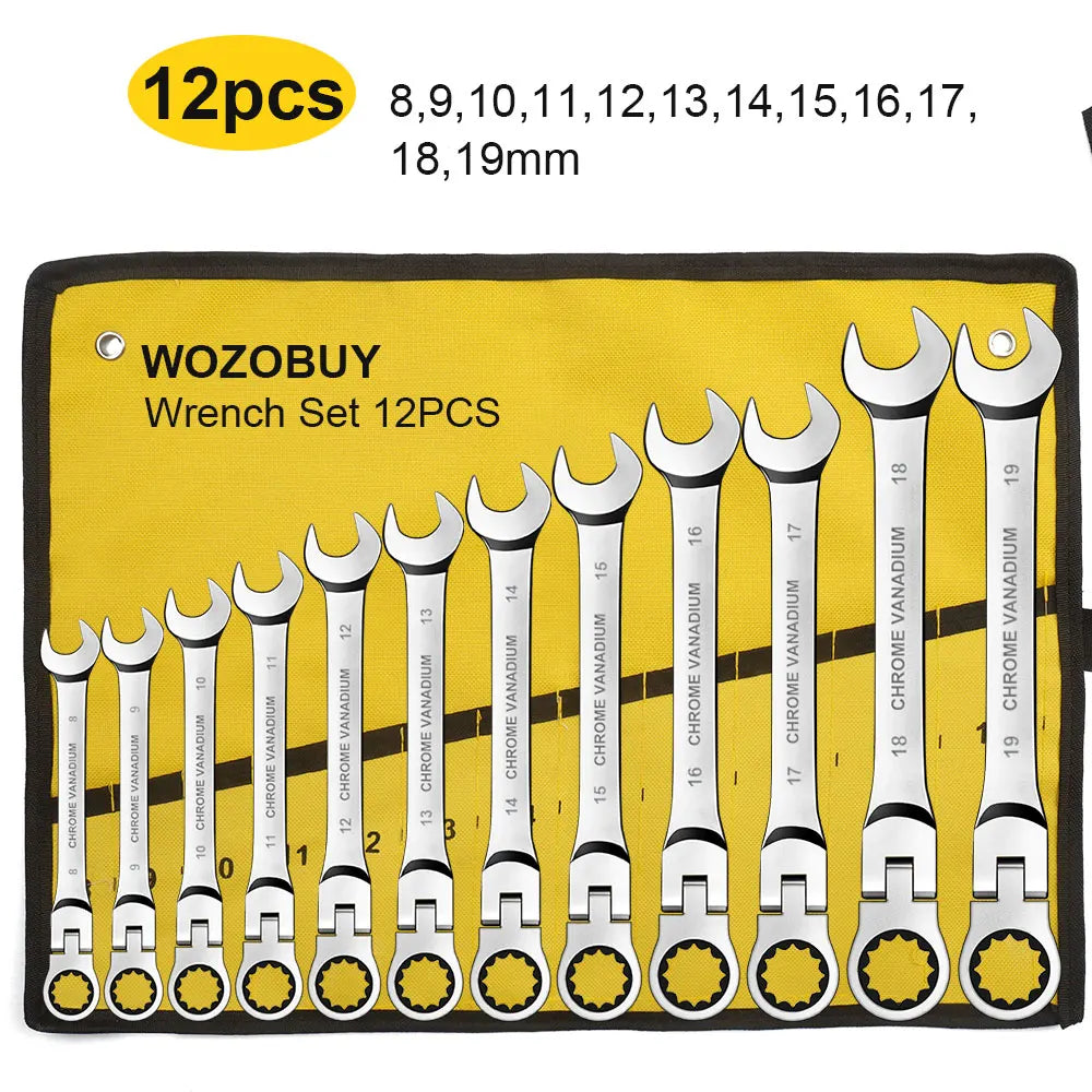 Flex Head Ratcheting Wrench Set,WOZOBUY Metric Ratchet Combination Wrenches Cr-V Gear Spanner Set Car Key Wrench Repair Tool Set