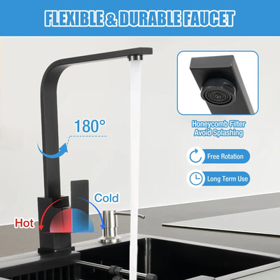 Kitchen Sink Set Stainless Steel Kitchen Sink Kitchen Faucet with Soap Dispenser and Sink Black 40x45cm Soap Dispenser  360°