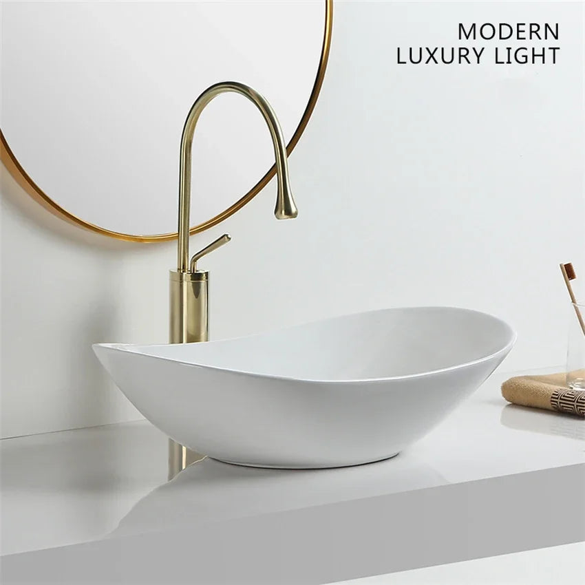 Bathroom Sinks White Art Basin Ultra-thin Countertop Basin Ceramic Washbasin Oval Sinks Balcony Washbasin Sink 60*36*16cm