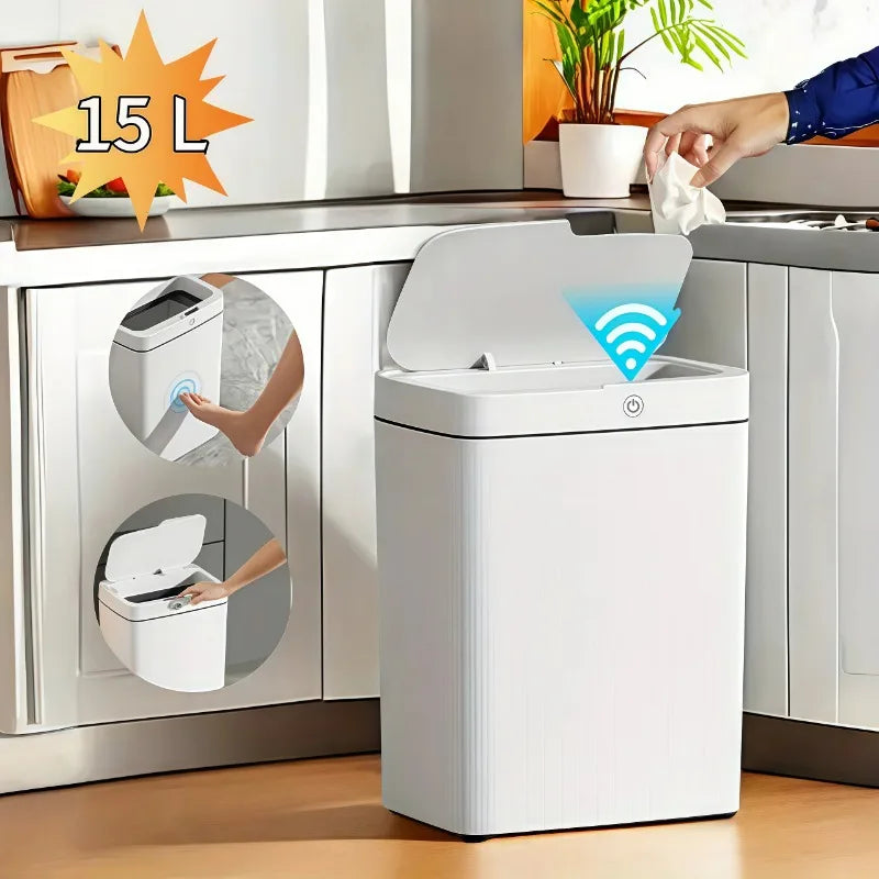 15L Smart Sensor Trash Can Garbage Bucket Waterproof Narrow Seam Automatic Trash Bin Wastebasket for Kitchen Toilet Bedroom