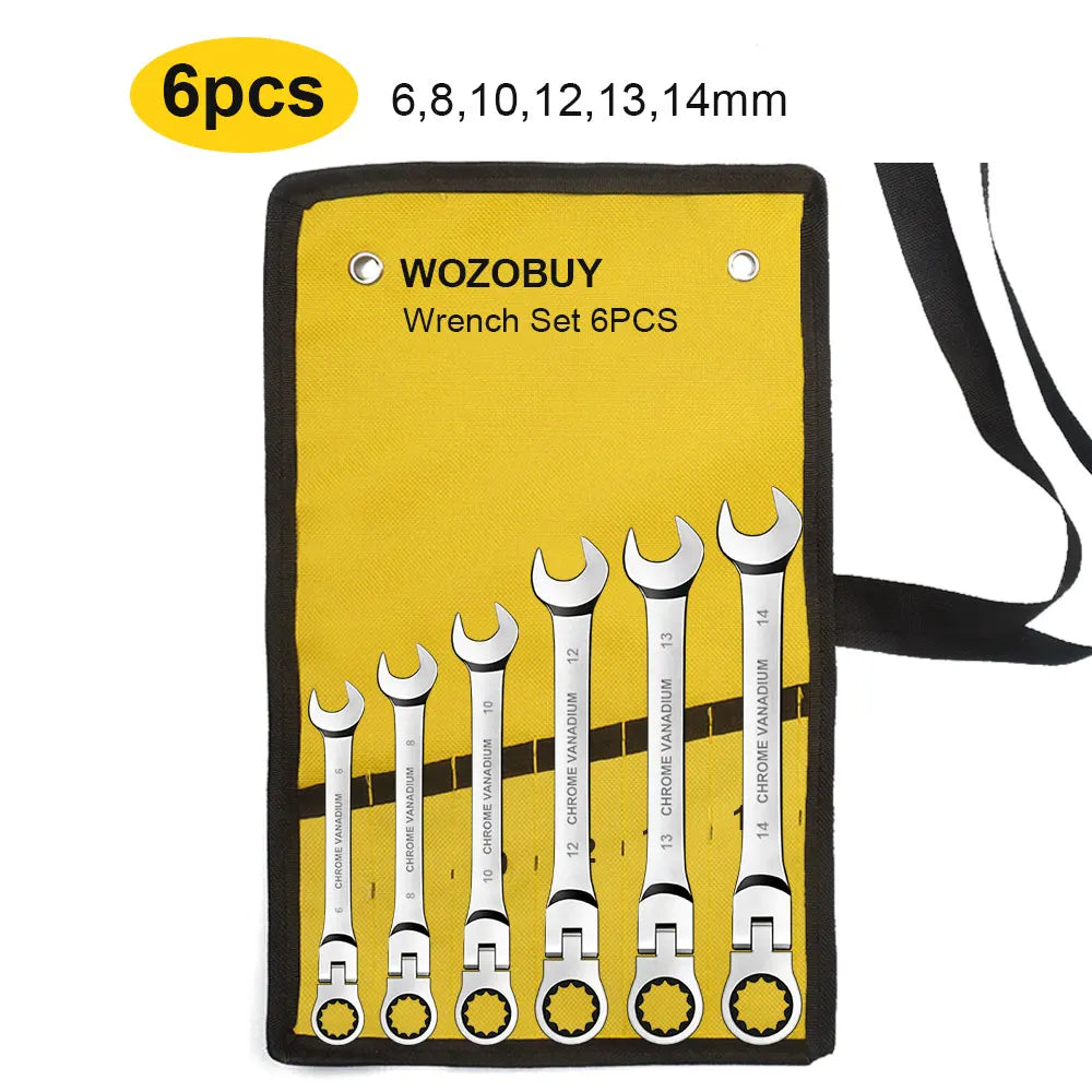 Flex Head Ratcheting Wrench Set,WOZOBUY Metric Ratchet Combination Wrenches Cr-V Gear Spanner Set Car Key Wrench Repair Tool Set