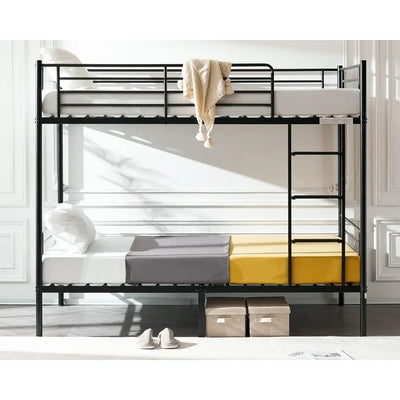 Bunk Bed Twin Over Twin for Kids, Teens & Adults Bunk Bed with Stairs & Flat Rungs, Heavy Duty Metal Slats, Black Beds