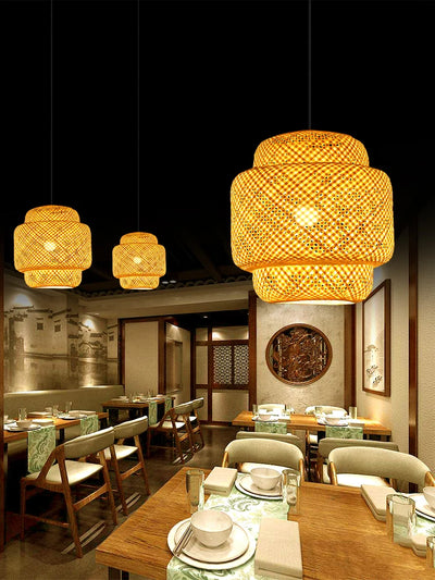 Bamboo Ceiling Pendant Lamp E27 Hand Knitted Chinese Style Weaving Hanging Chandelier Restaurant Home Decor Lighting Fixtures