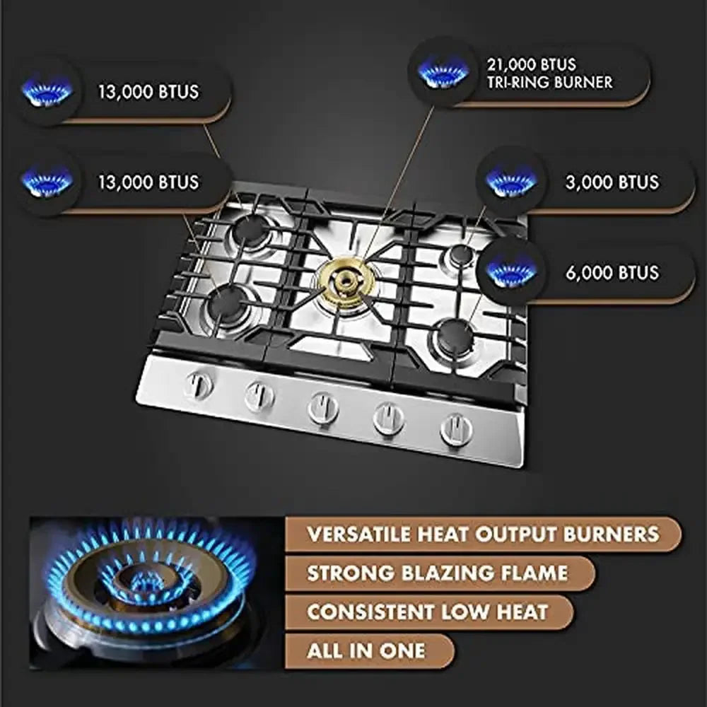 Stainless Steel 5-Burner Gas Cooktop Versatile Tri-Ring Burners Flame Failure Protection Premium Quality Easy to Clean Kitchen