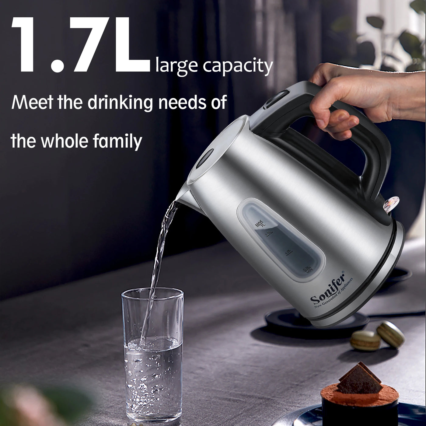 1.7L Electric Kettle Stainless Steel Kettle Cordless 2200W Household Kitchen Fast Heating Boiling Teapot Pot For Gift Sonifer