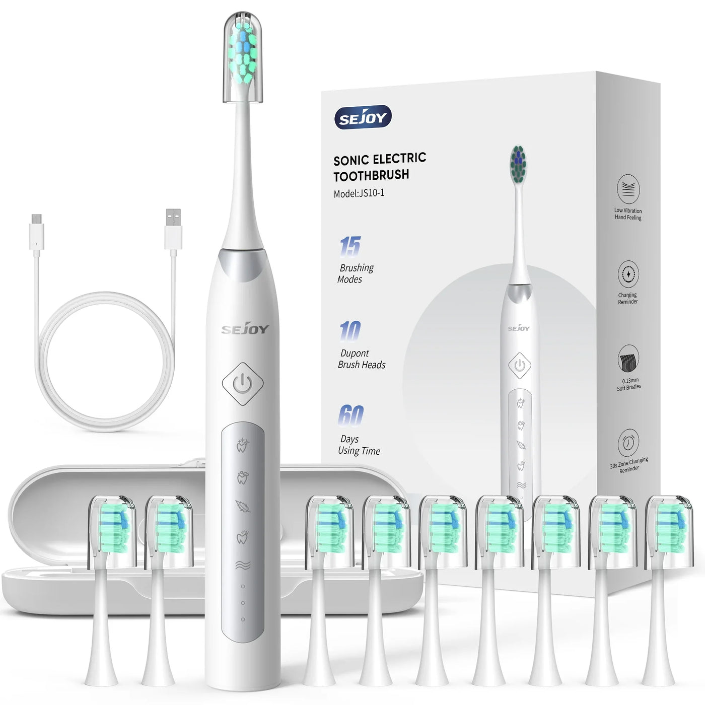 SEJOY Sonic Electric Toothbrush Oral Cleaning Automatic Timer Toothbrush 10 Toothbrush Heads 5 Modes Smart Timer Fast Charging