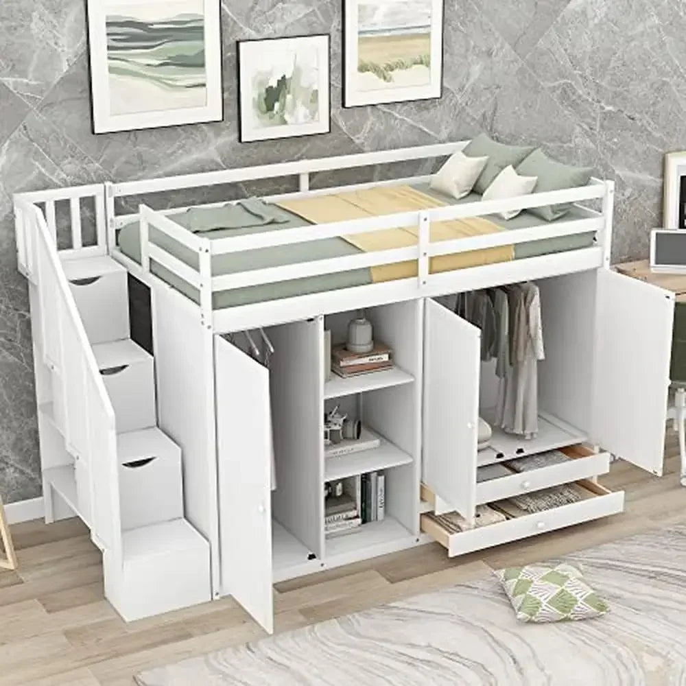 Wood Loft Bed Storage Stairs 2 Wardrobes Drawers Modern-Rustic Design Kids Teens