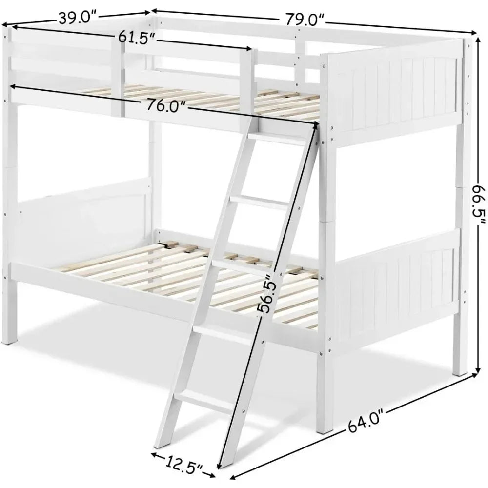 Bunk Beds Convertible 2 Individual Twin Beds for Kids Children, Solid Rubberwood Bunk Bed with Ladder and Safety Rail, Beds Kids