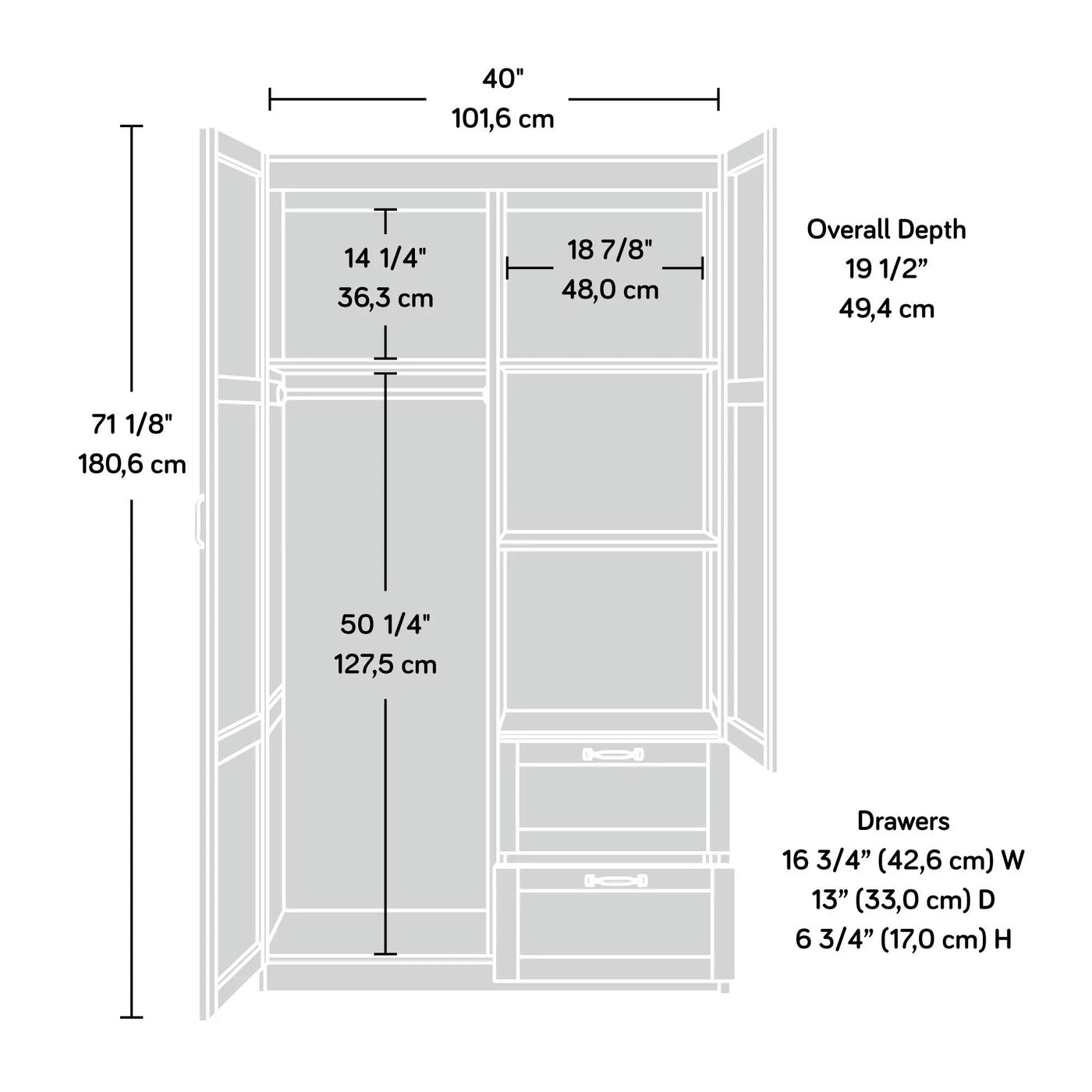 Select Multipurpose Bedroom Armoire Wardrobe Closet Pantry Storage Cabinet with Drawers and Hanging Rail