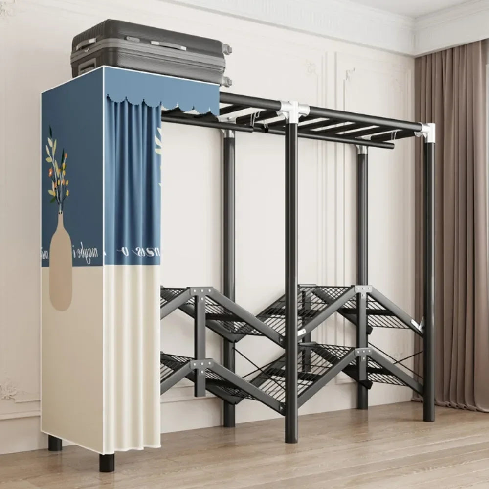 Folding Wardrobe Installation-Free Foldable Closet with Screen Curtain Simple Durable Steel Frame Cloth Wardrobe Dustproof Shelf