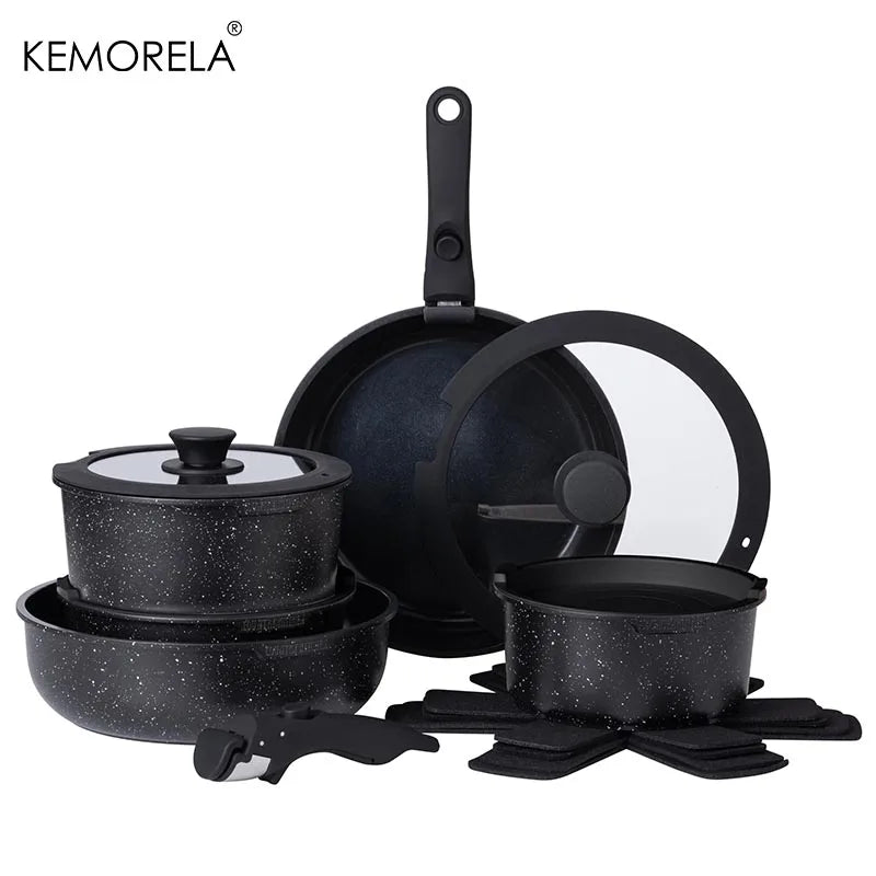 13 Piece Kitchen Black Pots and Pans Set - Safe Nonstick Kitchen Cookware with Removable Handle RV Cookware Set Oven Safe