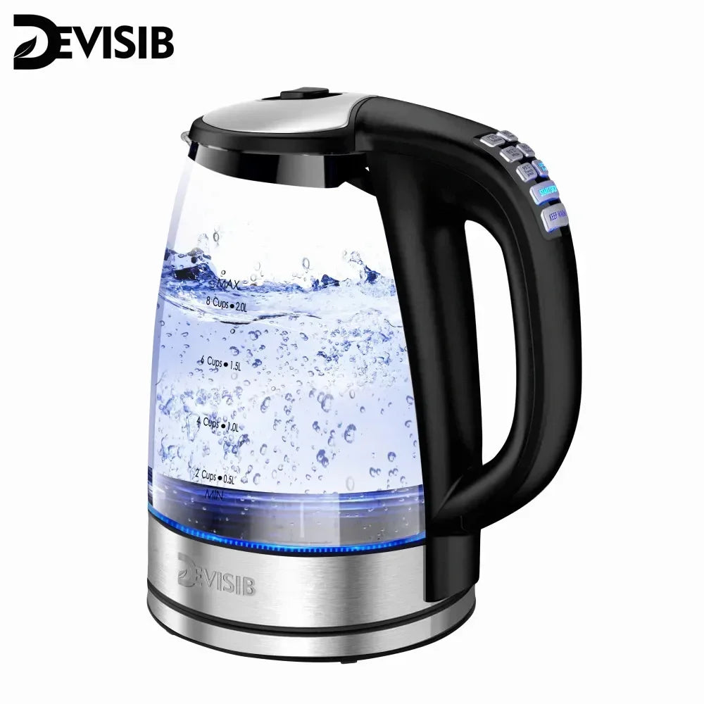 DEVISIB Electric Kettle Temperature Control 4Hours Keep Warm 2L Glass Tea Kettle 2200W Water Boiler LED Indicator Auto Shut-Off