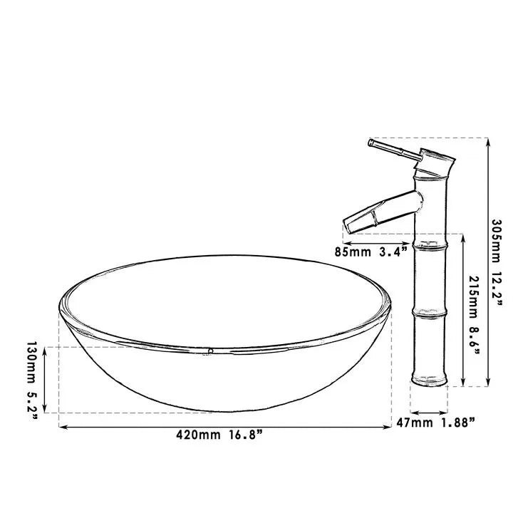 ZAPPO Bathroom WashBasin Round Tempered Glass Vessel Sink Faucet Set Bathroom Glass Basin Faucets Combo Waterfall Mixer Tap