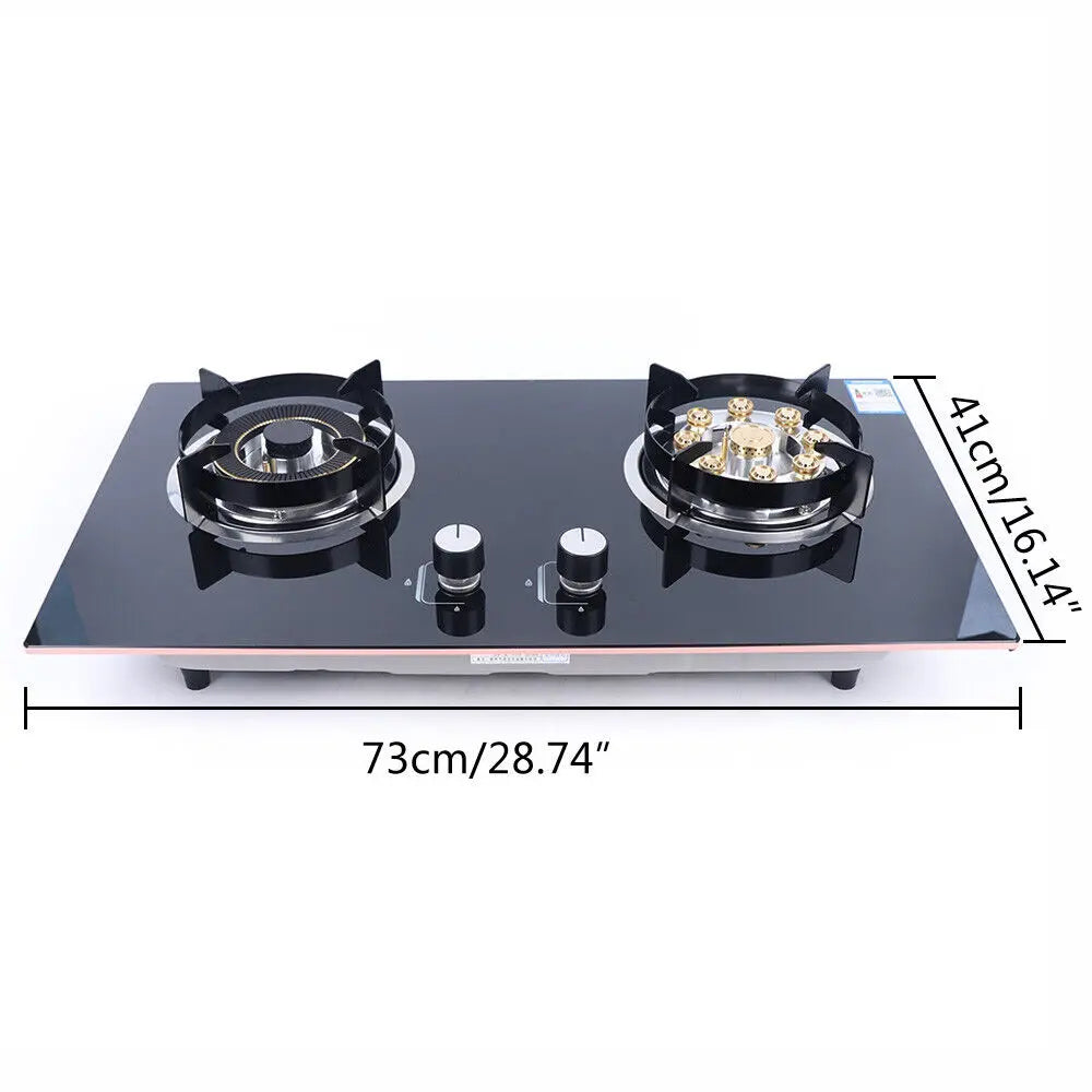 Natural Gas Cooktop Stove Top 2 Burners Built-in Kitchen Cooker Tempered Glass Black 730*410mm