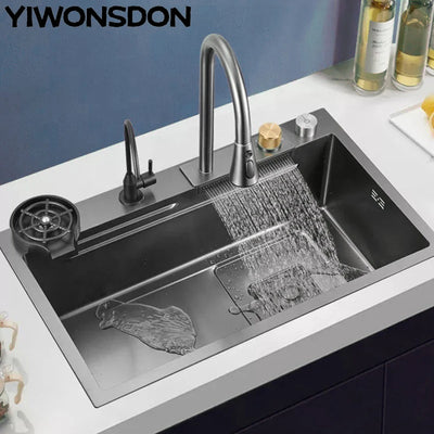 Multifunction Black Nano Kitchen Sink Waterfall Faucet Large Single Bowl Cup Washer Pure Tap Soap Dispenser 304 Stainless Steel