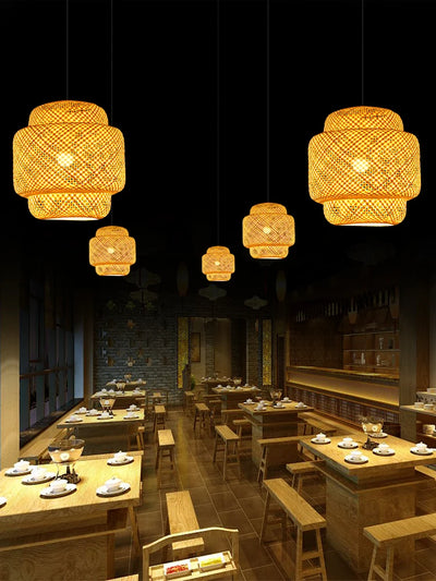 Bamboo Ceiling Pendant Lamp E27 Hand Knitted Chinese Style Weaving Hanging Chandelier Restaurant Home Decor Lighting Fixtures